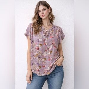 Buffalo David Bitton Purple Floral Boho Blouse XL Crochet Peasant Cottagecore